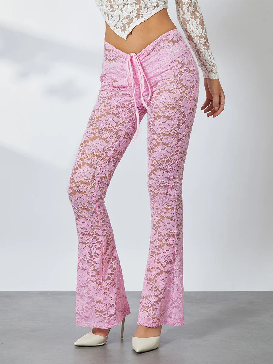 Women Lace Flare See-Through Pants