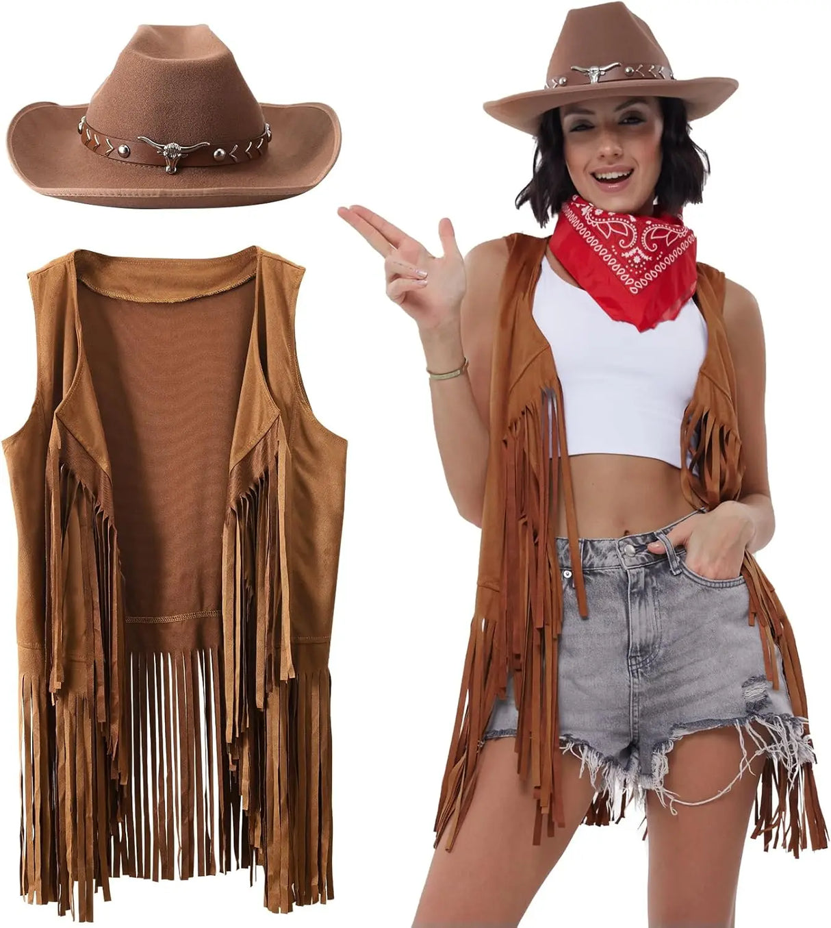 Cowboy costume set featuring a fringe vest, brown hat, and red bandana, perfect for themed parties or Halloween.