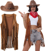 Cowboy costume set featuring a fringe vest, brown hat, and red bandana, perfect for themed parties or Halloween.