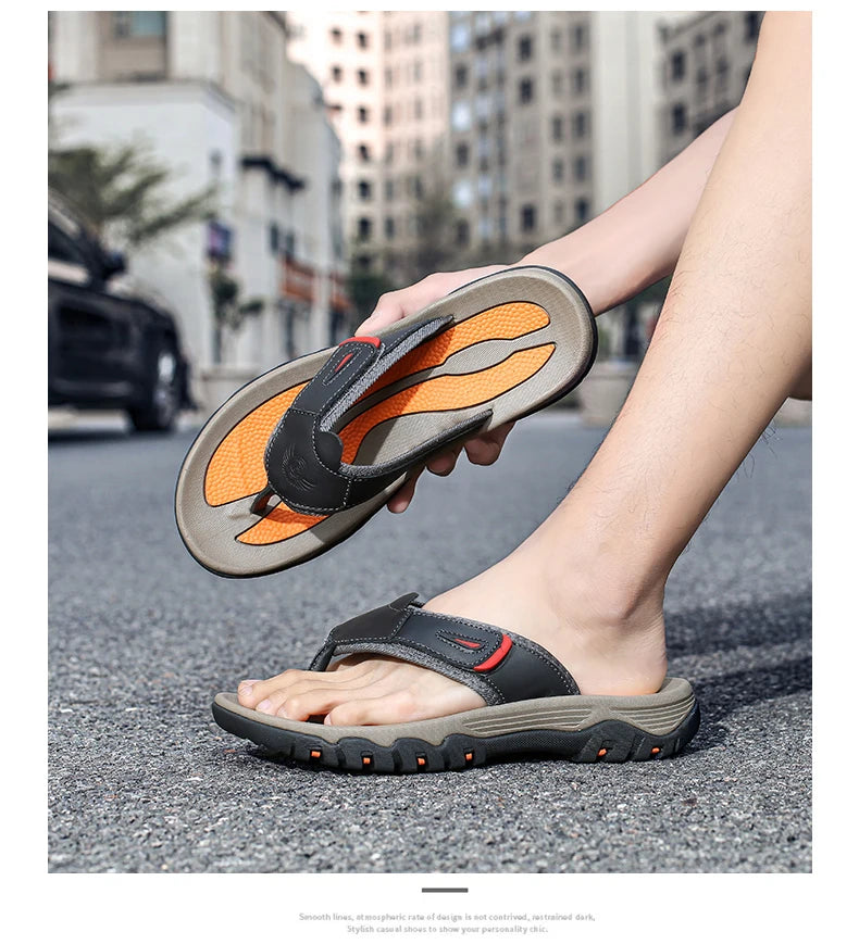 Men Cow Leather Beach Flip Flops Sandals