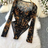 Women Square Neck Mesh Print Bodysuit