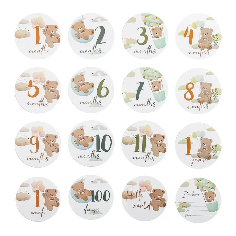 16Pcs baby milestone cards featuring bear designs for age tracking, ideal for 0-12 months, in a cloth bag.