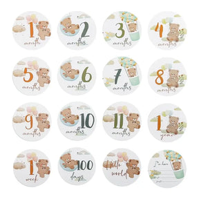 16Pcs baby milestone cards featuring bear designs for age tracking, ideal for 0-12 months, in a cloth bag.