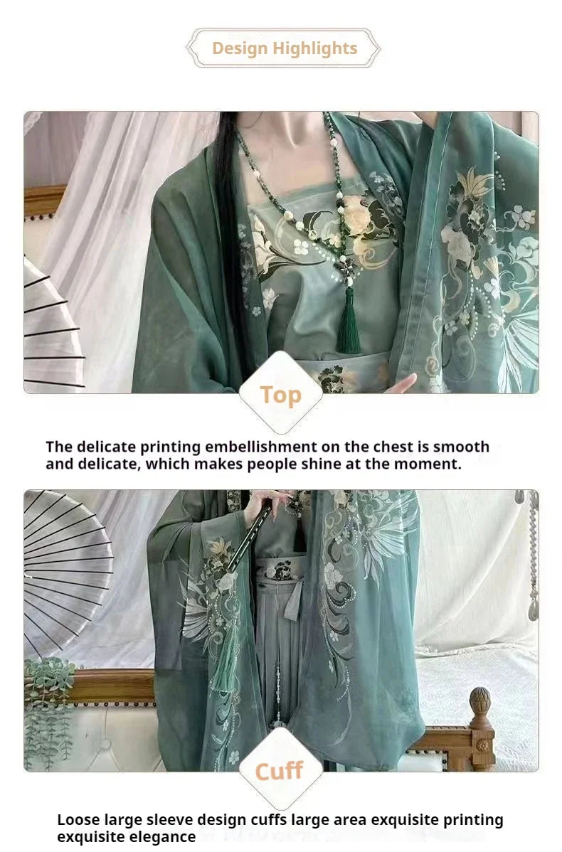Design highlights of Song Dynasty Hanfu set featuring elegant printing on top and loose cuffs.