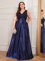 Women Plus Size Satin Sequin Evening Dress Long Prom Gown