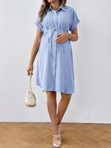 Casual summer striped button shirt maternity dress in light blue, featuring short sleeves and a tie waist, perfect for pregnant women.