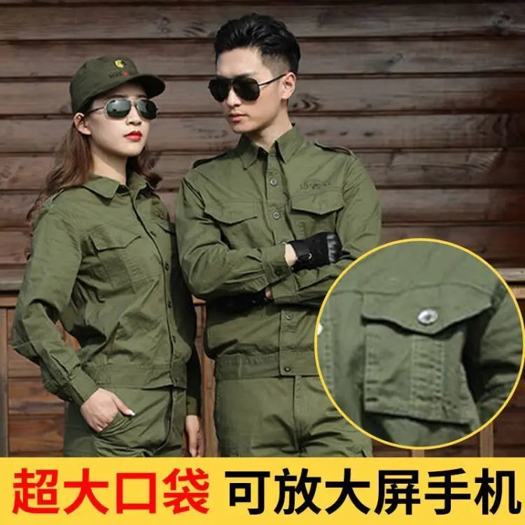 Summer cotton green work suit featuring welding protection, showcased by two models in stylish gear.