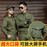Summer cotton green work suit featuring welding protection, showcased by two models in stylish gear.