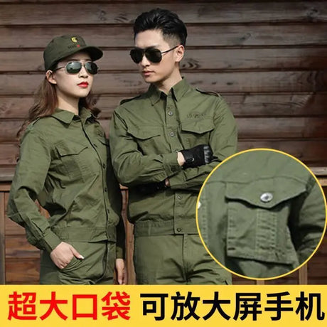 Summer cotton green work suit featuring welding protection, showcased by two models in stylish gear.