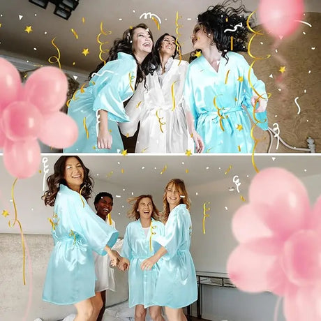 Bridesmaids celebrating in satin robes, featuring joyful moments and festive decorations.