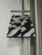 DyeDrape™ – Tie-Dye Short Denim Skirt (Black Gray, Fringed A-Line)