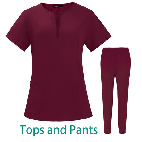 7-color nursing work uniform set featuring a zipper V-neck top and pants in maroon, ideal for women and unisex use in various professions.