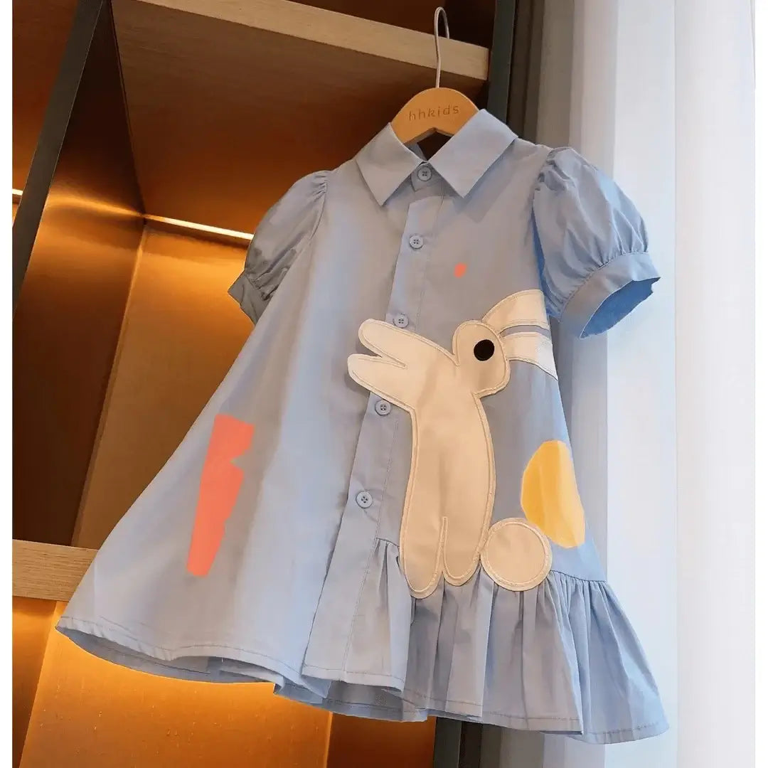 Girls summer dress featuring cartoon rabbit design, knee-length, light blue cotton fabric. Perfect for 4-6Y girls.