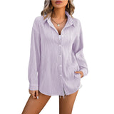 HarajukuMuse™ Streetwear Casual Blouse in light purple with button closure, turn-down collar, and long sleeves.
