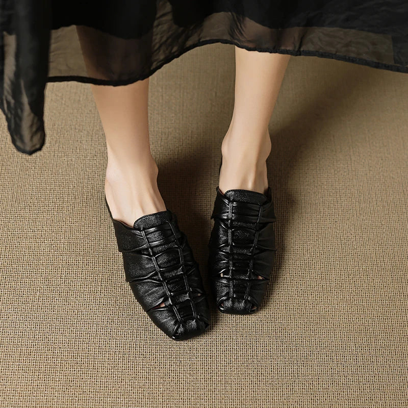 Women Mules Leather Block Heel Sandals