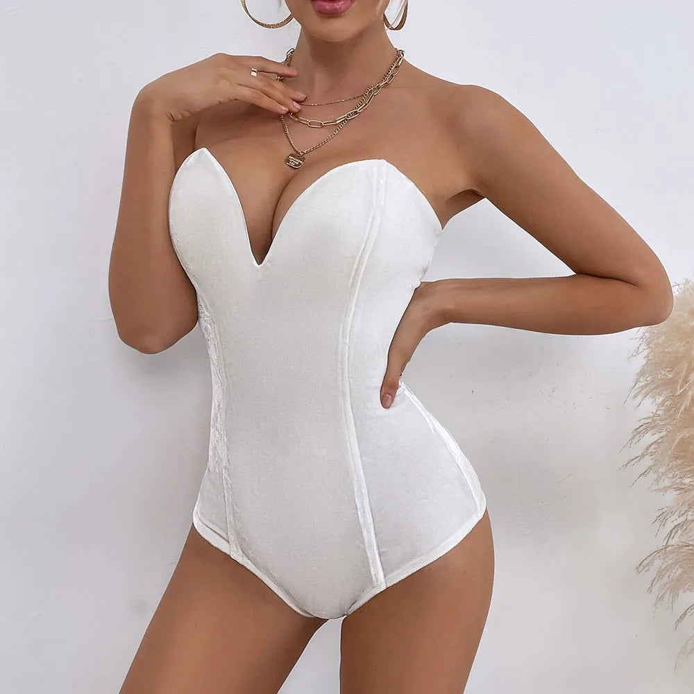 Velvet strapless lace-up bodysuit nightwear for women in white, featuring a slim fit and elegant design.