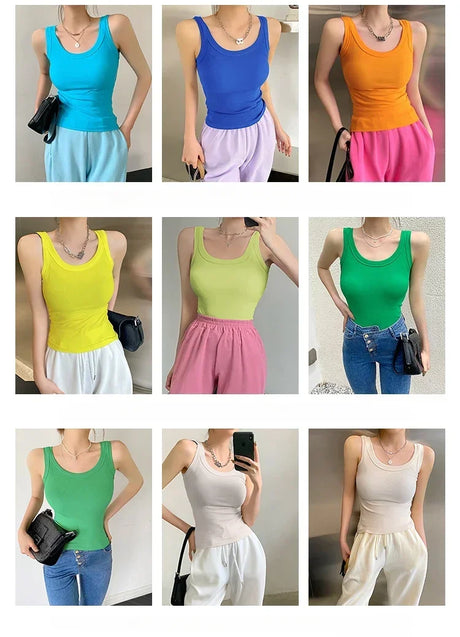 Collage of women wearing colorful RetroRib™ sleeveless tanks, showcasing various styles in streetwear fashion.