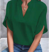 Women Solid V-Neck Short Sleeve Blouse