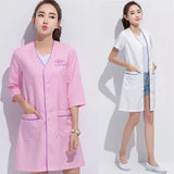 Custom logo spa beauty uniform featuring pink and white short sleeve lab coats for women, ideal for medical and salon use.