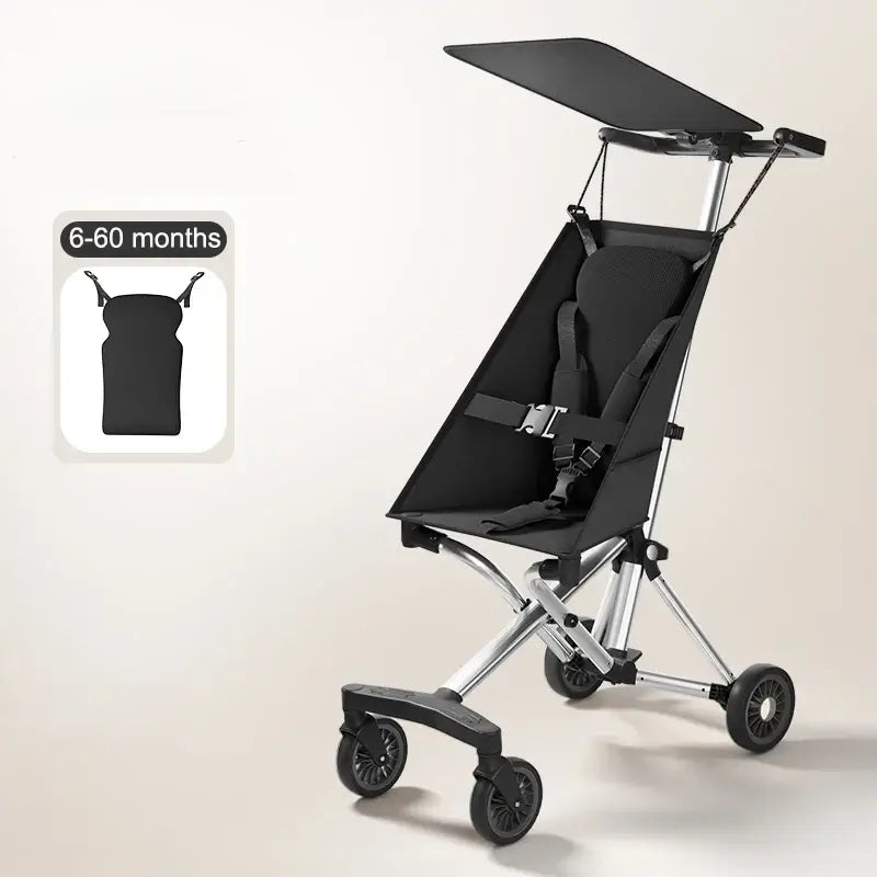 Lightweight travel stroller with adjustable canopy, suitable for children aged 6-60 months, featuring all-terrain wheels.