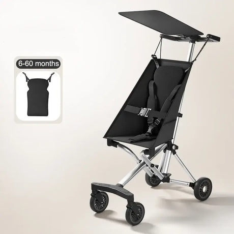 Lightweight travel stroller with adjustable canopy, suitable for children aged 6-60 months, featuring all-terrain wheels.
