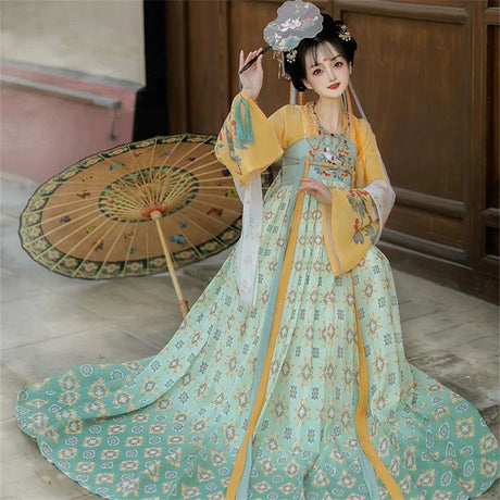 Woman in a Tang Suit Hanfu dress with floral details, holding a fan, perfect for Halloween cosplay.