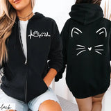 Women Cat Print Zip Hoodie Jacket Streetwear Coat