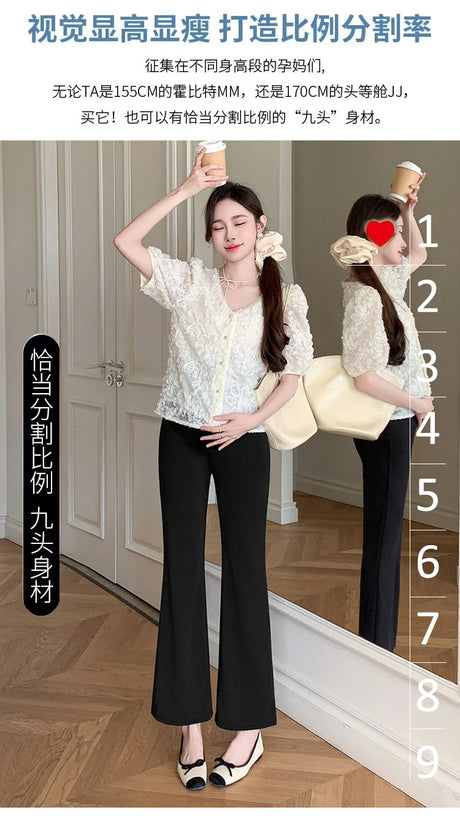 Model showcasing SEYETA Y2K bootcut maternity pants, styled with a lace top and heels in a bright room.