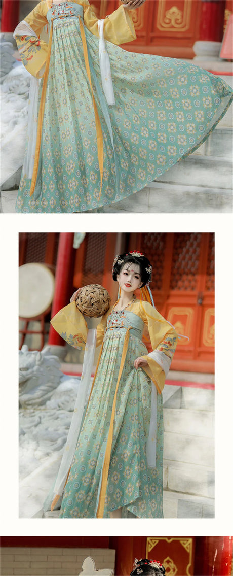 Woman in a Tang Suit Hanfu dress with flowing sleeves, showcasing a vibrant teal and gold design, perfect for Halloween cosplay.