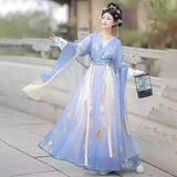 Elegant woman in a blue Hanfu traditional dress with flowing sleeves, perfect for parties or cultural events.