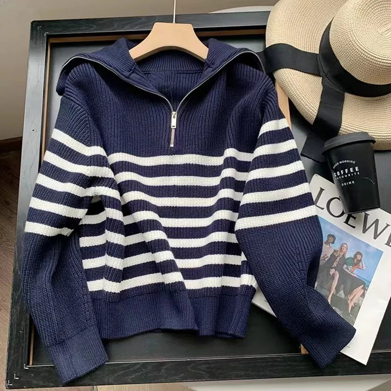 Women's Half Zipper Striped Sweater