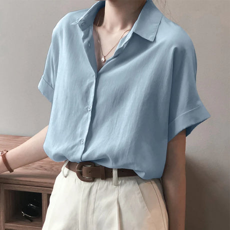 ZanzeaEase™ oversized summer blouse in light blue with button-down design and relaxed fit, perfect for casual wear.