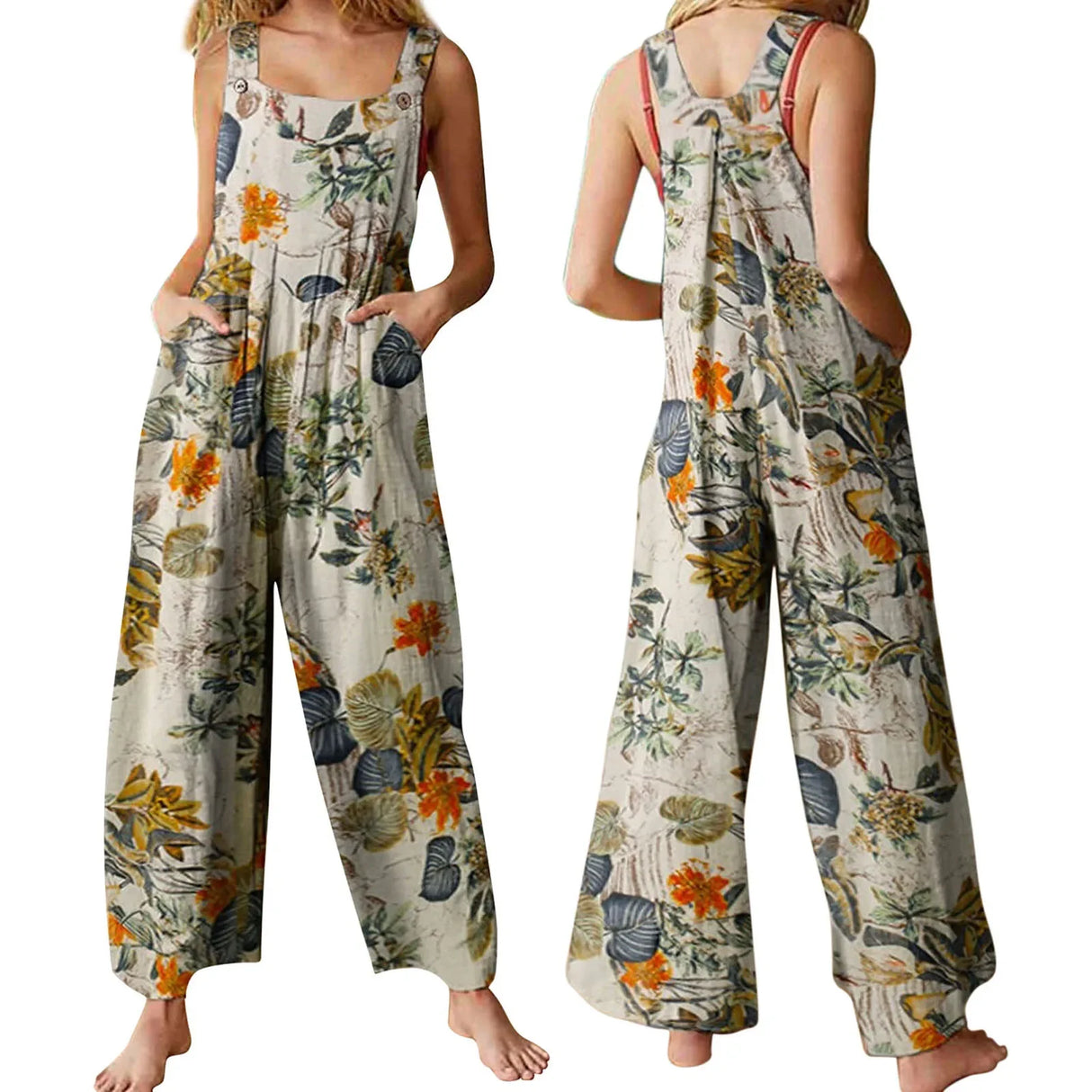 FloraLoom™ – Floral Cotton Linen Jumpsuit (Natural, Breezy & Soft-Touch)