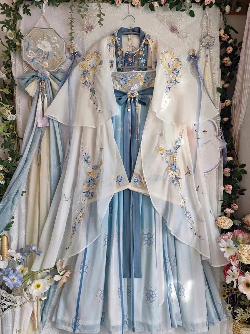 Women’s Fairy Hanfu summer costume featuring delicate floral designs in blue and white, perfect for dance and cosplay.