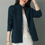 Women Zipper High Collar Knit Cardigan