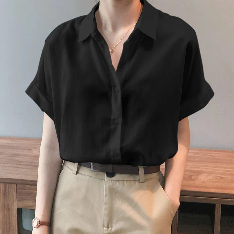ZanzeaEase™ oversized black summer blouse with button-down closure and relaxed fit, perfect for women.