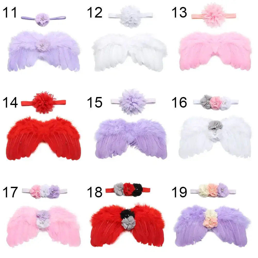 Cute newborn angel feather wings and headbands with rose flowers in various colors for babies.