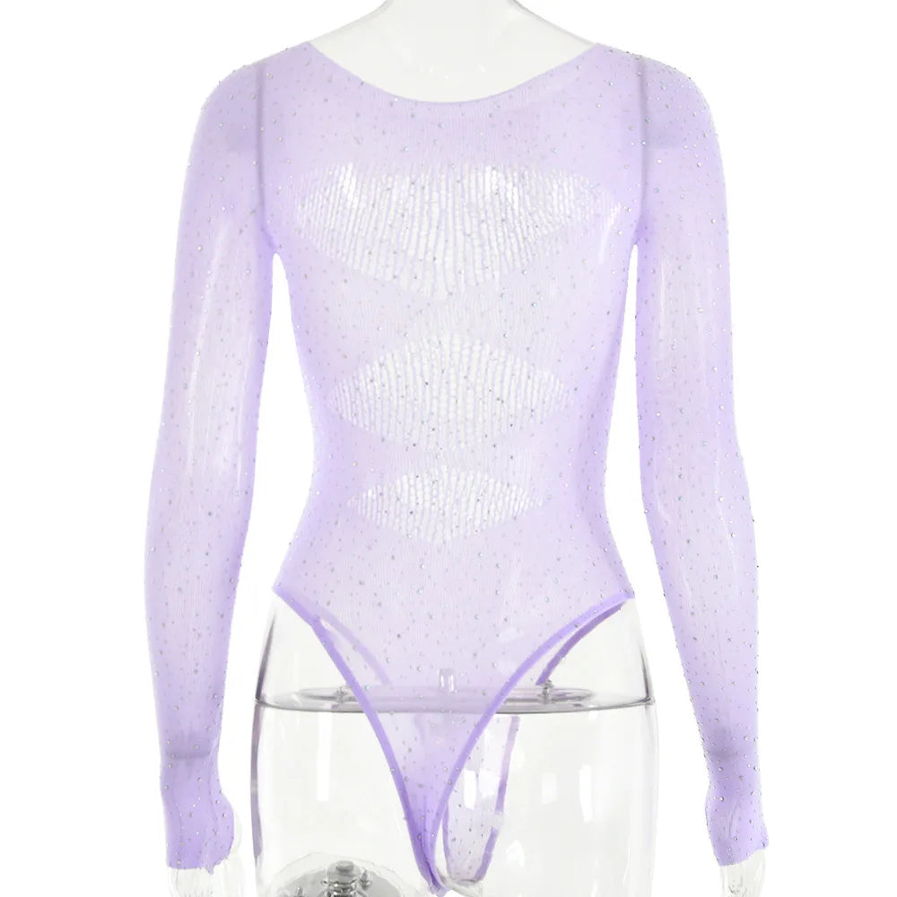 Women's Knitted Rhinestone Long Sleeve Bodysuit – Sexy Y2K Outfit