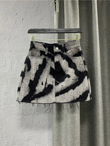 DyeDrape™ – Tie-Dye Short Denim Skirt (Black Gray, Fringed A-Line)