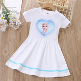 Girls summer dress featuring a heart-shaped print of Elsa from Disney, made of cotton and perfect for ages 4-6.