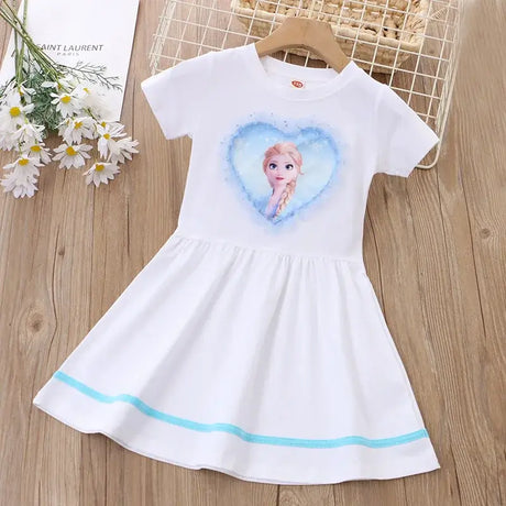 Girls summer dress featuring a heart-shaped print of Elsa from Disney, made of cotton and perfect for ages 4-6.