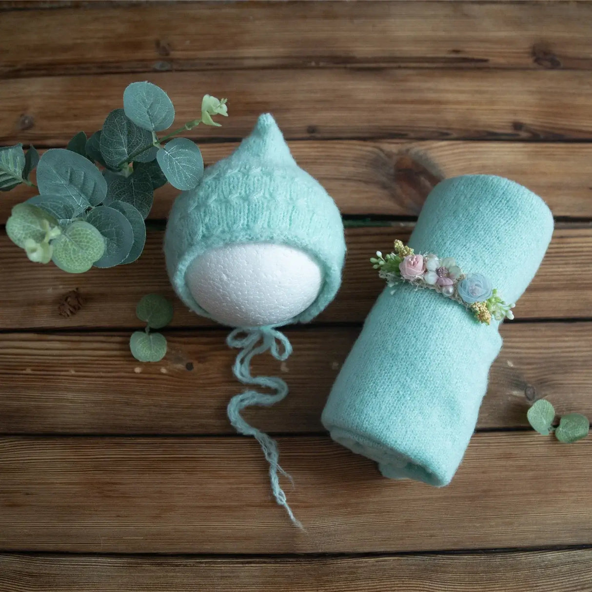 Newborn stretch knit mohair bonnet and wrap in mint green, perfect for baby photography and cozy outfits.