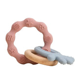 Silicone baby teething rings in pink and blue, soft and safe for toddlers to relieve teething pain.