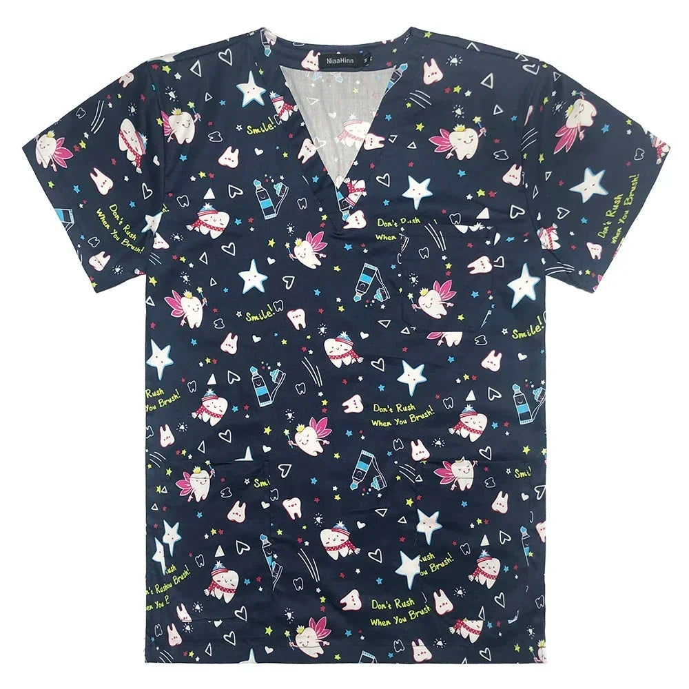 Women’s hospital nurse scrubs in black twill fabric with colorful anime prints and star patterns.