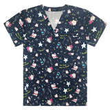 Women’s hospital nurse scrubs in black twill fabric with colorful anime prints and star patterns.