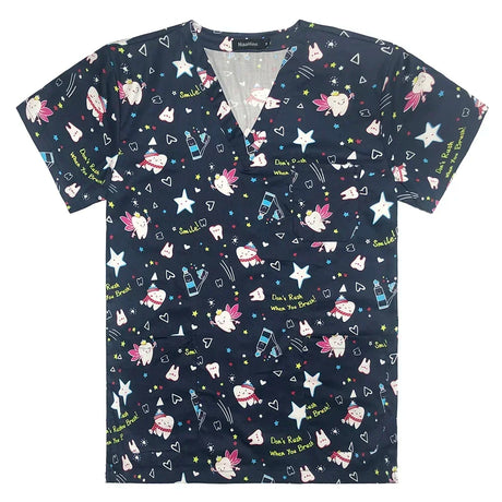 Women’s hospital nurse scrubs in black twill fabric with colorful anime prints and star patterns.