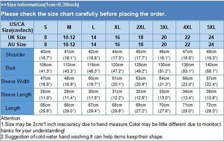 Size chart for ZanzeaEase™ oversized summer blouse, detailing US, UK, and AU sizes and measurements for women's fits.