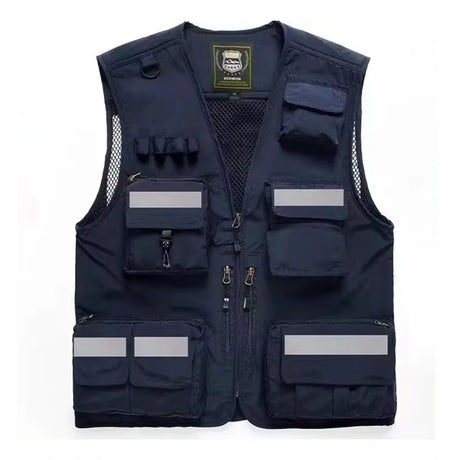 Reflective utility vest with multiple pockets, designed for safety in work environments, crafted from durable materials.