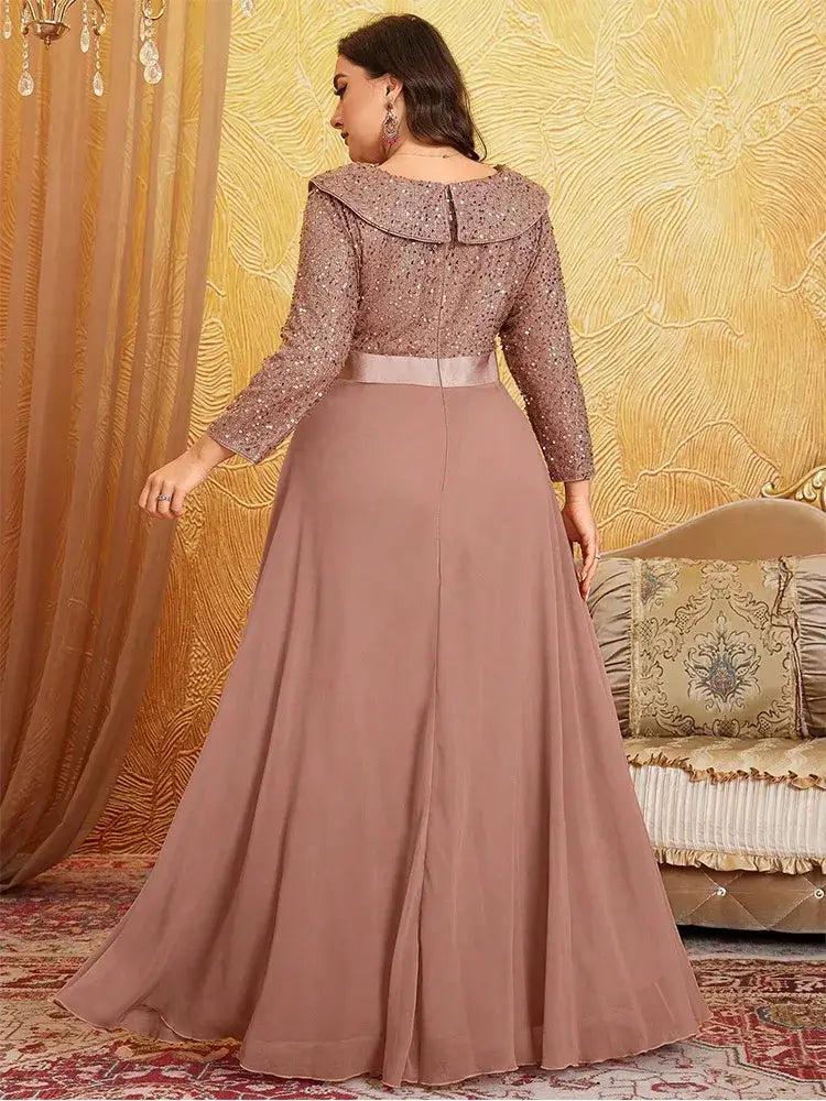 Women Plus Size Chiffon Sequin Long Sleeve Evening Dress