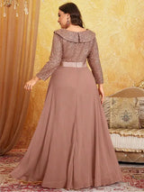 Women Plus Size Chiffon Sequin Long Sleeve Evening Dress